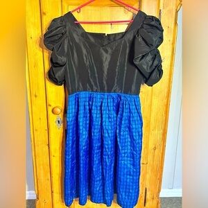 80s Vintage Dress Goth Prom Black Bodice W/Blue & Black Plaid Skirt Size Large